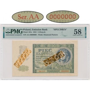 5 gold 1941 - AA 0000000 - MODEL - PMG 58 - FIRST NOTICE.