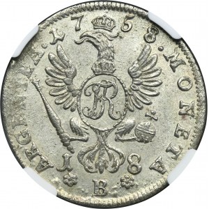 Sliezsko, pruská vláda, Fridrich II., Ort Wrocław 1758 B - NGC MS64 - VELMI ZRADKÉ, mladé poprsie, písmeno B bez štítu, rozety