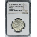 Sliezsko, pruská vláda, Fridrich II., Ort Wrocław 1758 B - NGC MS64 - VELMI ZRADKÉ, mladé poprsie, písmeno B bez štítu, rozety