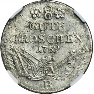 Silesia, Prussian rule, Friedrich II, 8 Gute groschen Breslau 1759 B - NGC MS62 - RARE, big nine on the date