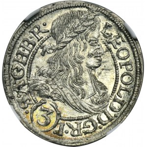 Slezsko, habsburská vláda, Leopold I., 3 Krajcary Wroclaw 1667 SHS - NGC MS64 - NEPOVOLENO