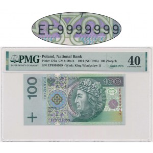 100 złotych 1994 - AF 9999999 - PMG 40 - SOLID