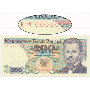 200 złotych 1988 - EM 0000006 - bardzo niski numer