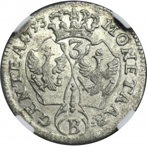 Silesia, Prussian rule, Friedrich II, 3 Kreuzer Breslau 1753 B - NGC MS64