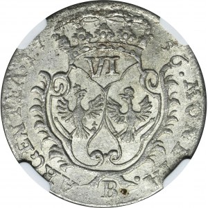 Sliezsko, pruská vláda, Fridrich II. šiesty Vroclavský 1756 B - NGC MS62 - veľká koruna, rovné vlasy na brnení