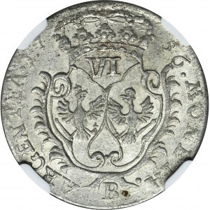 Silesia, Prussia rule, Friedrich II, 6 Groschen Breslau 1756 B - NGC MS62 - large crown, straight hair on armor