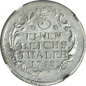 Nemecko, Pruské kráľovstvo, Fridrich II, 1/3 Thaler Drážďany 1758 - NGC MS62