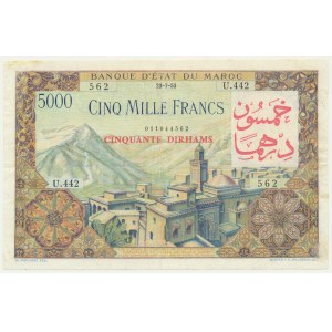 Morocco, 50 Dirhams on 5.000 Francs 1953 (1959)