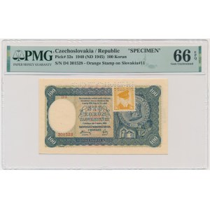 Czechoslovakia, 100 Korun 1940 - SPECIMEN - with adhesive stamp - PMG 66 EPQ