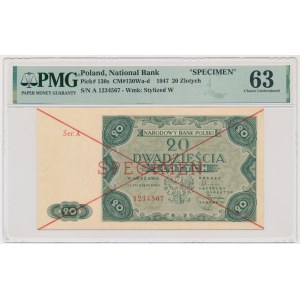20 złotych 1947 - SPECIMEN - A 1234567 - PMG 63