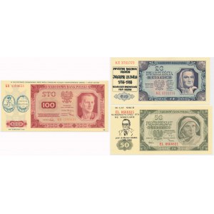 Zestaw, 20-100 złotych 1948 - nadruki okolicznościowe (3 szt.)