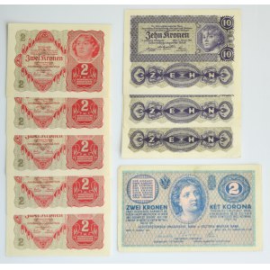 Austria, lot 2-10 Kronen 1914-22 (9 pcs.)