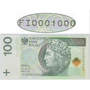 100 złotych 2018 - FI 0001000 - piękny numer radarowy