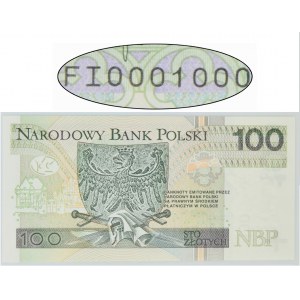 100 złotych 2018 - FI 0001000 - piękny numer radarowy