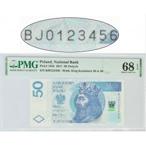 50 złotych 2017 - BJ 0123456 - PMG 68 EPQ - numeracja rosnąca