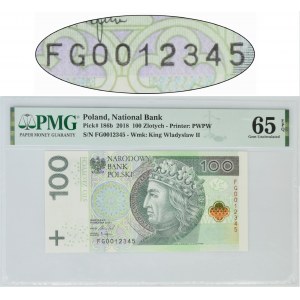 100 złotych 2018 - FG 0012345 - PMG 65 EPQ - numeracja rosnąca