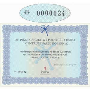 PWPW, certyfikat z pikniku naukowego Polskiego Radia 2023 - niski numer