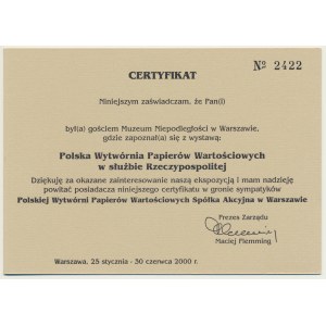 PWPW, commemorative certificate of participation in PWPW in the service of the Republic exhibition