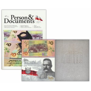 PWPW set, Bison + Piłsudski stamp + Watermarked paper + Man and Documents magazine in English.