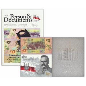 PWPW set, Bison + Pilsudski stamp + Watermarked paper + Man and Documents magazine in English.