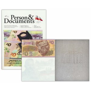 PWPW set, Bison + Pilsudski stamp + Watermarked paper + Man and Documents magazine in English.