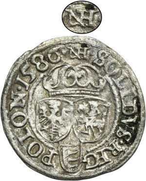 Stefan Batory, Szeląg Olkusz 1586 ID NH - RZADKI, inicjały NH nad koroną