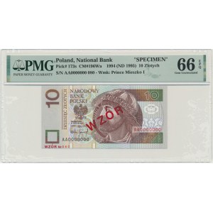 10 złotych 1994 - WZÓR - AA 0000000 - Nr. 080 - PMG 66 EPQ