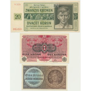 Čechy a Morava a Rakousko, sada 1-20 korun 1919-45 (3 kusy).