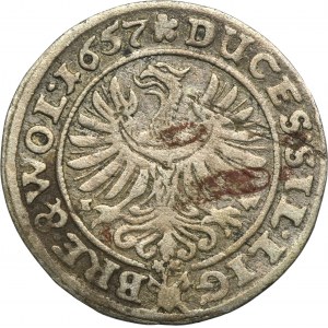 Slezsko, knížectví Legnicko-Brzesko-Wołowskie, Jerzy III Brzeski, Ludwik IV Legnicki a Chrystian Wołowski, 3 Krajcary Brzeg 1657 EW