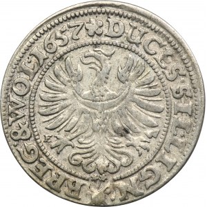 Slezsko, knížectví Legnicko-Brzesko-Wołowskie, Jerzy III Brzeski, Ludwik IV Legnicki a Chrystian Wołowski, 3 Krajcary Brzeg 1657 EW