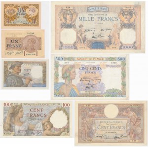 Francie, sada 1-1 000 franků 1919-44 (7 kusů).