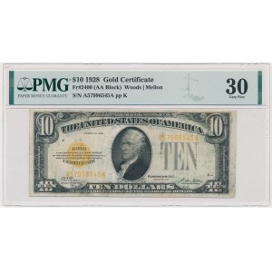 USA, Zlatý certifikát, $10 1928 - Woods &amp; Mellon - PMG 30