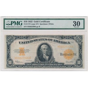 USA, zlatý certifikát, 10 dolarů 1922 - Speelman &amp; White - PMG 30