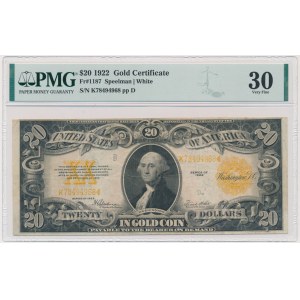 USA, zlatý certifikát, 20 dolarů 1922 - Speelman &amp; White - PMG 30