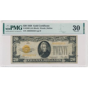 USA, zlatý certifikát, 20 USD 1928 - Woods &amp; Mellon - PMG 30