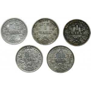 Set, Germany, German Empire, Wilhelm II, 1 Mark 1907 (5 pcs.)