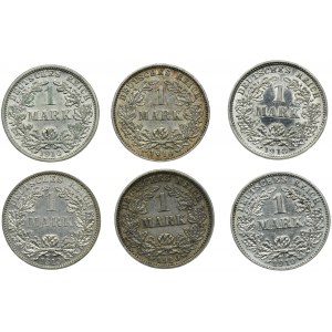 Set, Germany, German Empire, Wilhelm II, 1 Mark 1910 (6 pcs.)