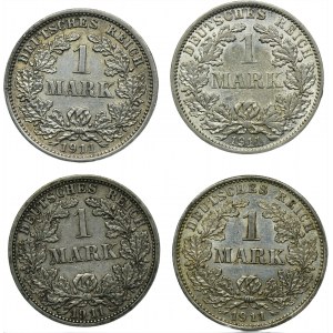 Set, Germany, German Empire, Wilhelm II, 1 Mark 1911 (4 pcs.)