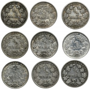 Nemecko, Nemecké cisárstvo, Wilhelm II, 1/2 marky 1905-1906 (9 kusov).
