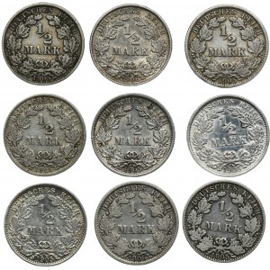 Germany, German Empire, Wilhelm II, 1/2 Mark 1905-1906 (9 pcs.)