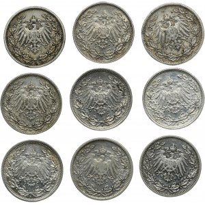 Germany, German Empire, Wilhelm II, 1/2 Mark 1905-1906 (9 pcs.)