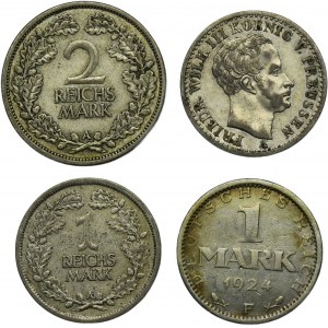 Set, Germany, German Empire and Kingdom of Prussia, 1 Mark, 2 Marks and 1/6 Thaler (4 pcs.)