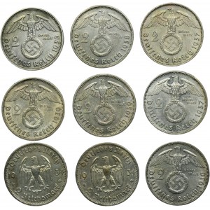 Súbor, Nemecko, Tretia ríša, 2 marky 1934-1939 (9 kusov).