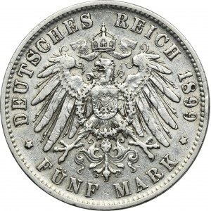 Germany, Württemberg, Wihelm II, 5 Mark Stuttgart 1899 F