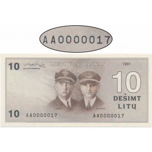 Lithuania, 10 Litu 1991 - AA 0000017 - LOW SERIAL NUMBER