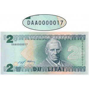 Lithuania, 2 Litai 1993 - DAA 0000017 - LOW SERIAL NUMBER