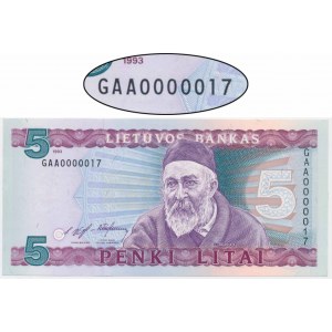 Lithuania, 5 Litai 1993 - GAA 0000017 - LOW SERIAL NUMBER