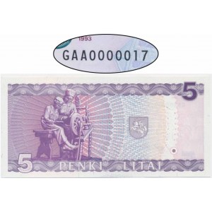 Lithuania, 5 Litai 1993 - GAA 0000017 - LOW SERIAL NUMBER