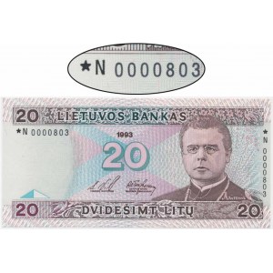 Lithuania, 20 Litu 1993 - ★ N 0000803 - replacement note - RARE