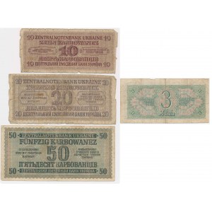 Ukrajina a Rusko, sada 3 rublů 1938, 10-50 karbunkulů 1942 (4 kusy).